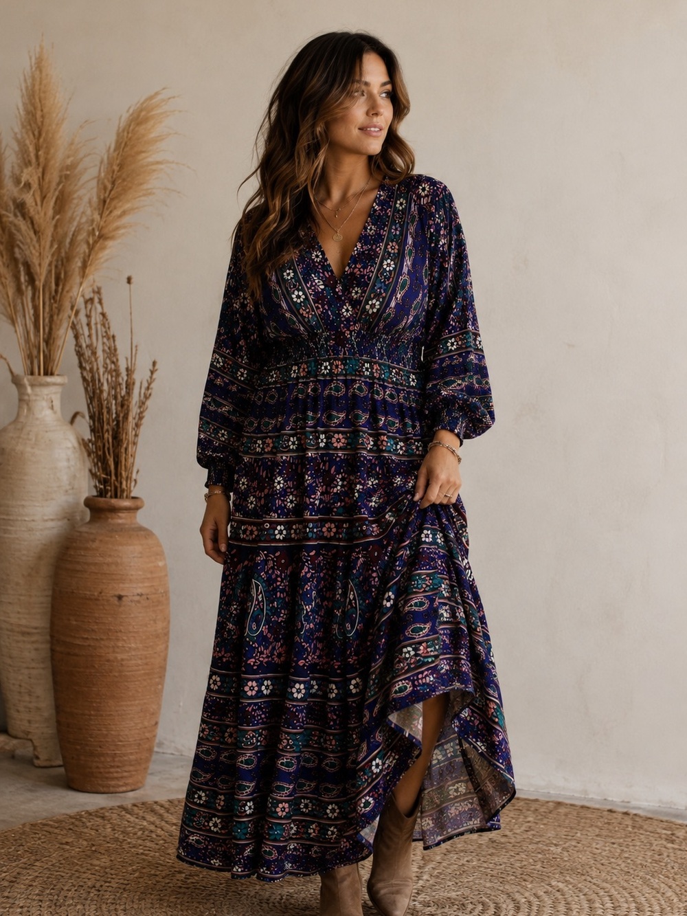 Boden Navy Floral Paisley Tiered Maxi Dress
